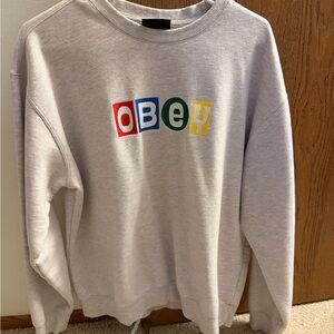 Obey Light Gray Crewneck with Red Blue Green Yellow Logo
